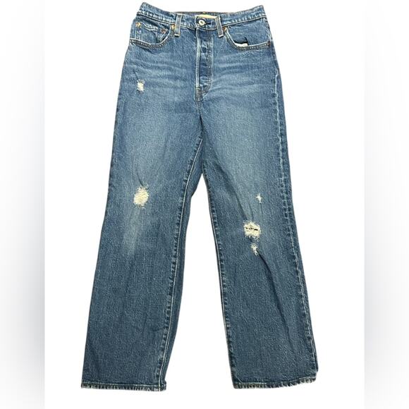 Levi’s Womens Size 27 Premium Denim Distressed Ribcage Straight Ankle Jeans - Picture 1 of 10